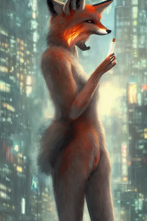 Image similar to beautiful portrait of a tall female anthro fox smoking a cigarette white standing head and shoulders taller than the bustling crowd of a rainy city street, cyberpunk, harsh neon lights, highly detailed, sharp focus, digital painting, illustration, trending on artstation, art by sakimichan, wlop, greg rutkowski