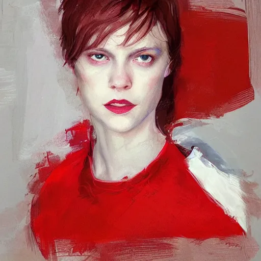 Image similar to portrait of a woman wearing white and red, by jon foster