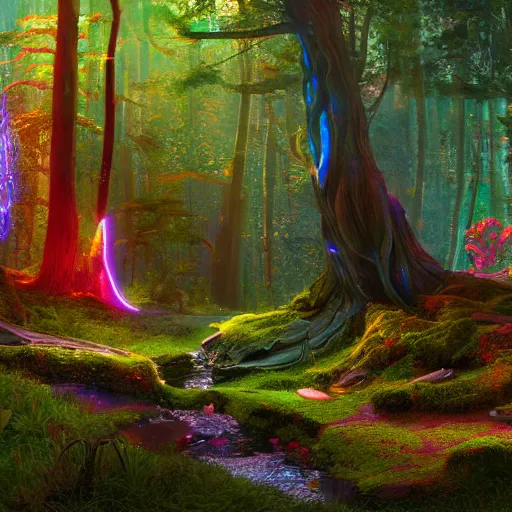 Prompt: a forest made out of candy, futurism, high fantasy, magical elements, vibrant colors, lush landscape, sharp details, high res eautiful lighting, digital art, octane rendered, studio light, glowing lights, holographic undertones, epic fantasy, extremely detailed, establishing shot, realistic materials, hyperrealistic, high delicate defined details, 8 k