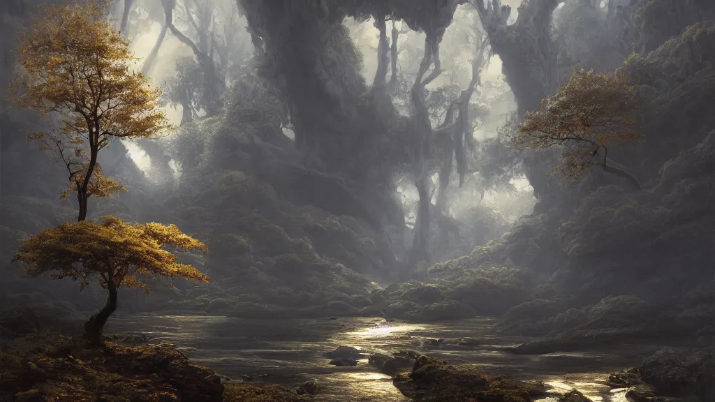 Image similar to A beautiful, highly detailed, very realistic oil painting of a single cloud tree with lots of cloud shaped leaves, next to a small river made of pure gold in the middle of a huge, very dark cave, with lots of dark grey rocks, oil painting by Greg Rutkowski.