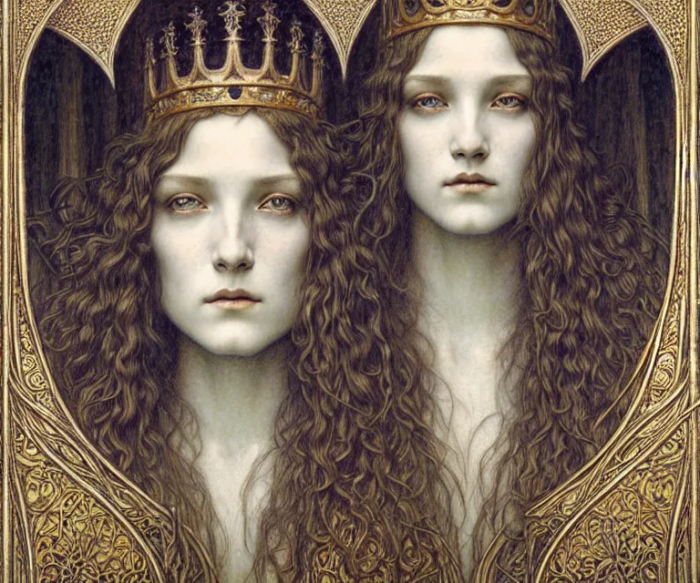 Image similar to detailed realistic beautiful young medieval queen face portrait by jean delville, gustave dore and marco mazzoni, art nouveau, symbolist, visionary, gothic, pre - raphaelite. horizontal symmetry