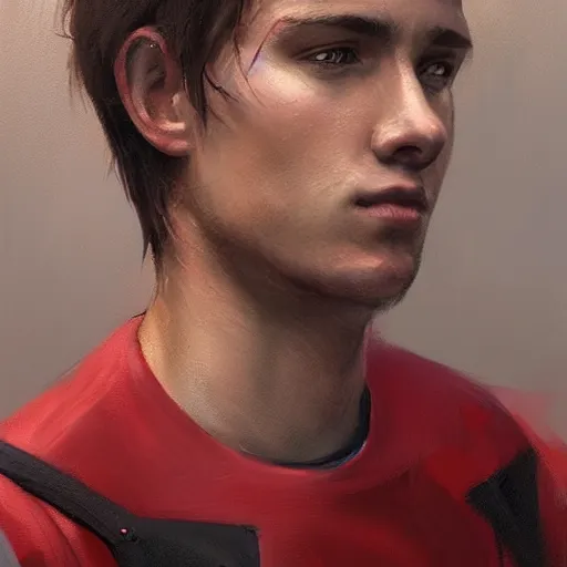 Prompt: Portrait of a man by Greg Rutkowski, he is about 20 years old, gallant, straight jaw, attractive, short brown hair with bangs, athletic and strong, he is wearing red and black utilitarian jumpsuit, highly detailed portrait, digital painting, artstation, concept art, smooth, sharp foccus ilustration, Artstation HQ.