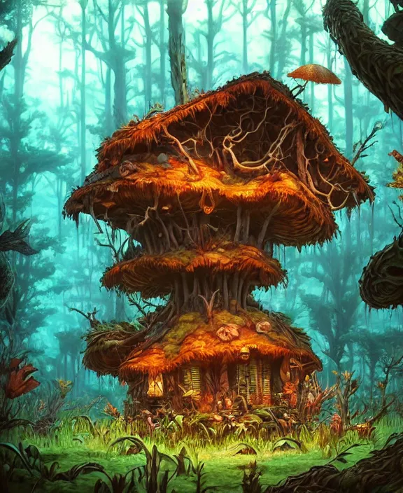 Image similar to a whimsical cabin made from exotic fungus, overgrown with huge rare fungus, deep in the woods, by dan mumford, yusuke murata, makoto shinkai, ross tran, underwater, hellish, cinematic, unreal engine, cel shaded, featured on artstation, pixiv