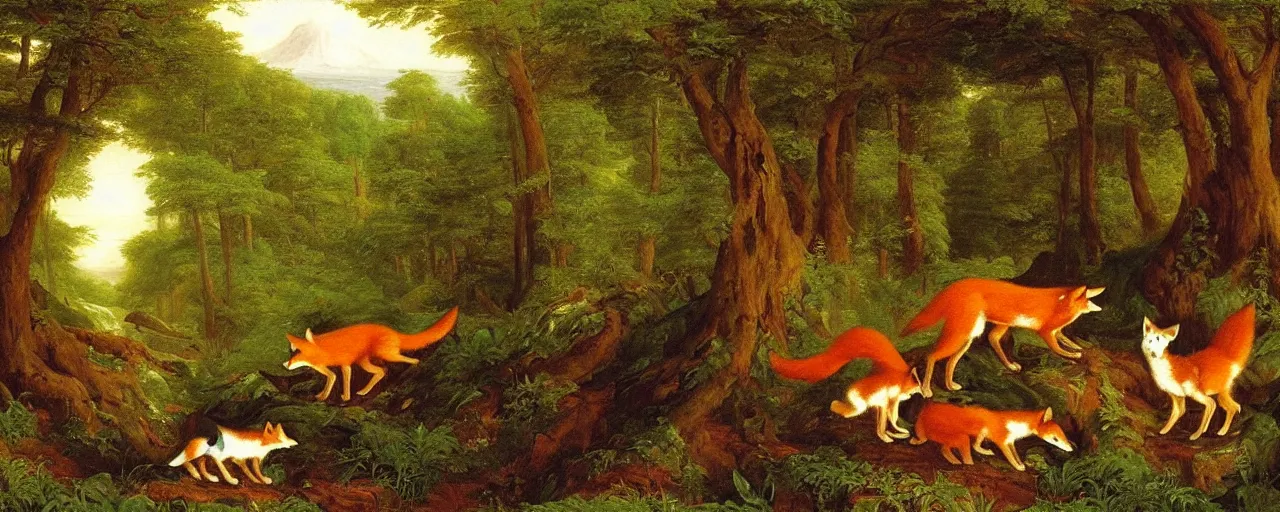 Prompt: foxes in the forest, by thomas cole