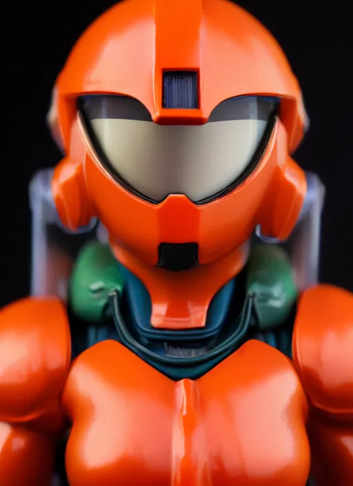 Image similar to helmet portrait of a figurine of samus aran's varia suit from the sci - fi nintendo videogame metroid. glossy. red round helmet, orange shoulder pads, green visor. shallow depth of field. suit of armor.