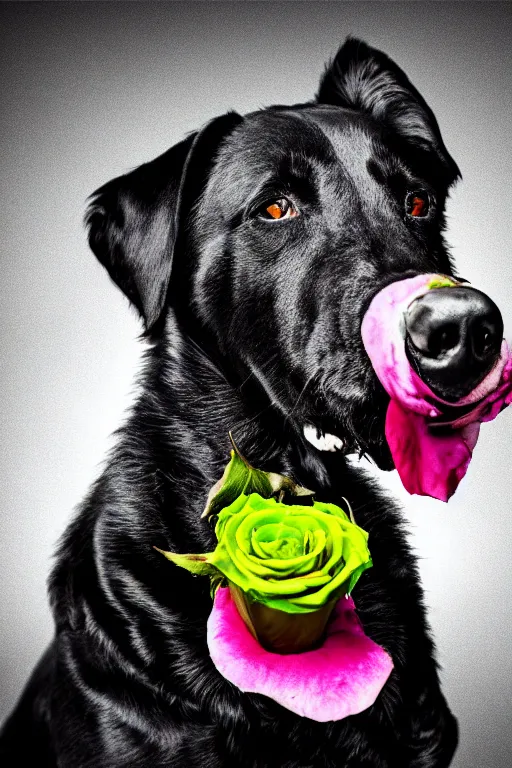 Image similar to black dog holding rose in his mouth, bright green eyes, studio lighting, 4 k, realistic, chromatic abberation, global illumination