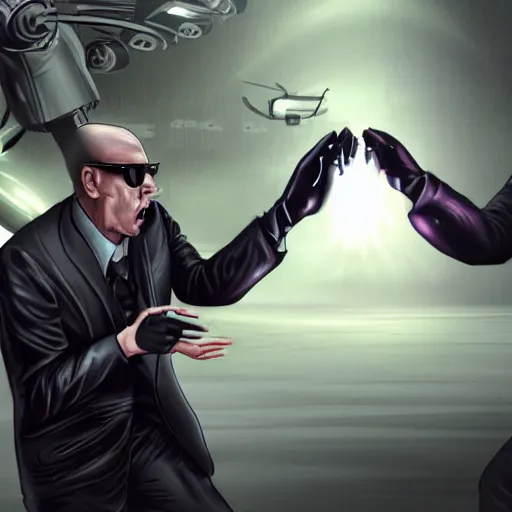 Prompt: An dramatic, hyperrealistic, photorealistic image of an badass MIB encountering an alien for the first time, detailed, ominous, matte colors