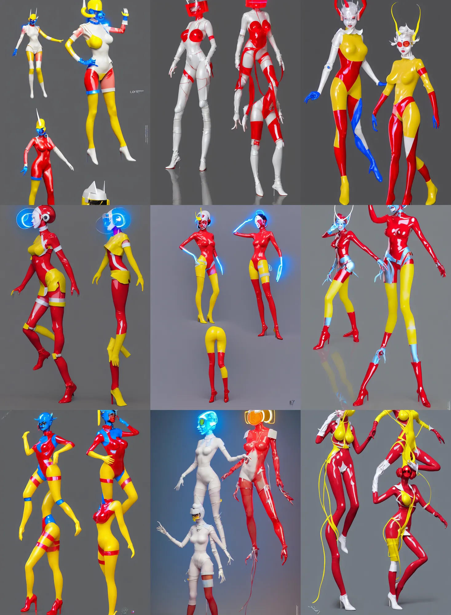 Prompt: a full body character design by loish, hong soonsang, tooth wu and zeen chin white and yellow tape and red translucent plastic tape attctive showgirl!! sci - fi helmet with blue glowing eyes!! sharp edges. contour light!! ultra detailed, elegant, intricate, octane render.