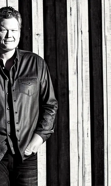 Prompt: portrait of blake shelton standing against barn wall by shepard fairey