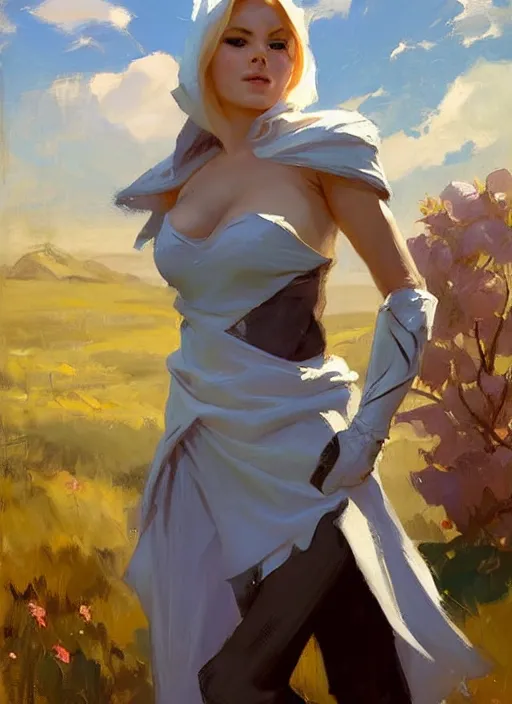 Image similar to Greg Manchess painting of Syndra from League of Legends, countryside, calm, fantasy character portrait, dynamic pose, above view, sunny day, thunder clouds in the sky, artwork by Jeremy Lipkin and Giuseppe Dangelico Pino and Michael Garmash and Rob Rey, very coherent asymmetrical artwork, sharp edges, perfect face, simple form, 100mm