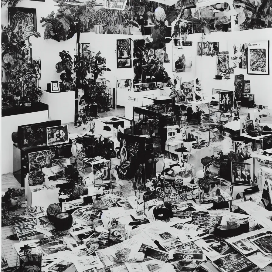 Image similar to A black and white photography of an exhibition space with objects of Sun Ra, Marcel Duchamp and tropical plants, 60s, offset lithography print, newspaper, distant shot