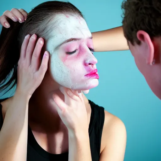 Prompt: headache being physically pulled out of a girl's head, red veins being pulled out of forehead, surreal photograph