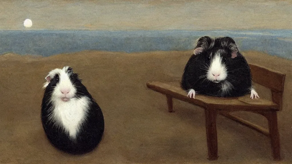 Prompt: a guinea pig sitting on a bench overlooking a city at night, stars in the sky, in the style of fanny brate