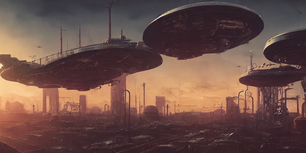 Image similar to alien spacecraft hovering over busy space port surrounded by alien robots, steel archways, industrial buildings, rusty metal towers, sun setting, ross tran, fantasy, james jean, cinematic lighting, digital painting, octane render