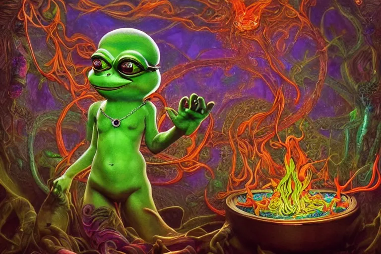 Image similar to psychedelic pepe with trinket necklace, epic angle and pose, reflective pool, symmetrical artwork, ayahuasca, translucent, fungus, energy flows of water and fire, highly detailed, epic cinematic concept art, excellent composition, dystopian brutalist atmosphere, dynamic dramatic lighting, aesthetic, very inspirational, arthouse, Greg Rutkowski, Artgerm