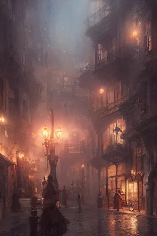 Image similar to inside the antique city of Avalon at dusk, intricate, elegant, volumetric lighting, digital painting, highly detailed, artstation, sharp focus, illustration, concept art, ruan jia, steve mccurry