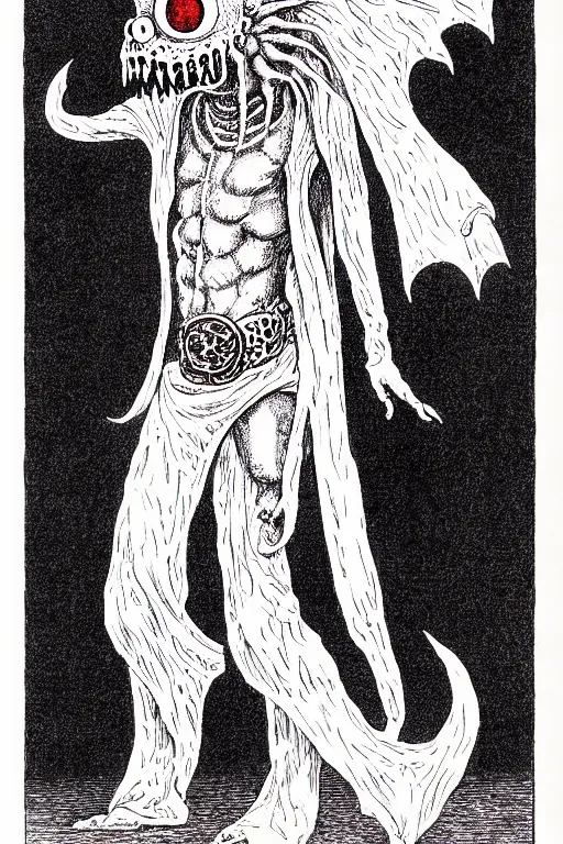 Image similar to a ghostly pair of walking white pants with two eyes as a d & d monster, full body, pen - and - ink illustration, etching, by russ nicholson, david a trampier, larry elmore, 1 9 8 1, hq scan, intricate details, inside stylized border