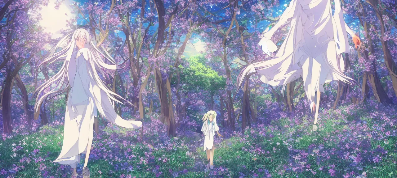 Image similar to illyasviel walking through enchanted ghibli clover | Big Moon at Blue Night | Trees with white flowers | bioluminescent blue FLOWERS | strong blue rimlit | visual-key | anime illustration | highly detailed High resolution | Light Novel | Visual Novel | In the style of Miyama-Zero, Yuuki Hagure