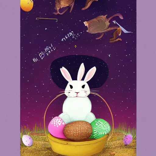 Prompt: A rabbit full of hope, looking for a black hole in an infinite time loop by llia yu Bunny eggs at Easter