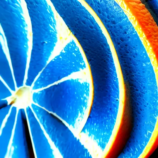 Image similar to a blue orange sliced in half laying on a blue floor in front of a blue wall, hyper realistic, ambient lighting, concept art, intricate, hyper detailed, smooth, dynamic volumetric lighting, octane, cinematic, high quality, high resolution, 4 k