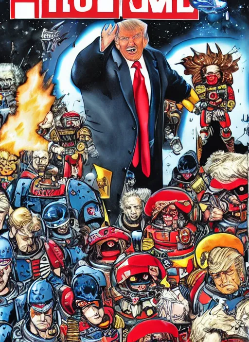 Image similar to comic book cover of donald trump as a space marine from warhammer 4 k, big crowd people are happy and cheering