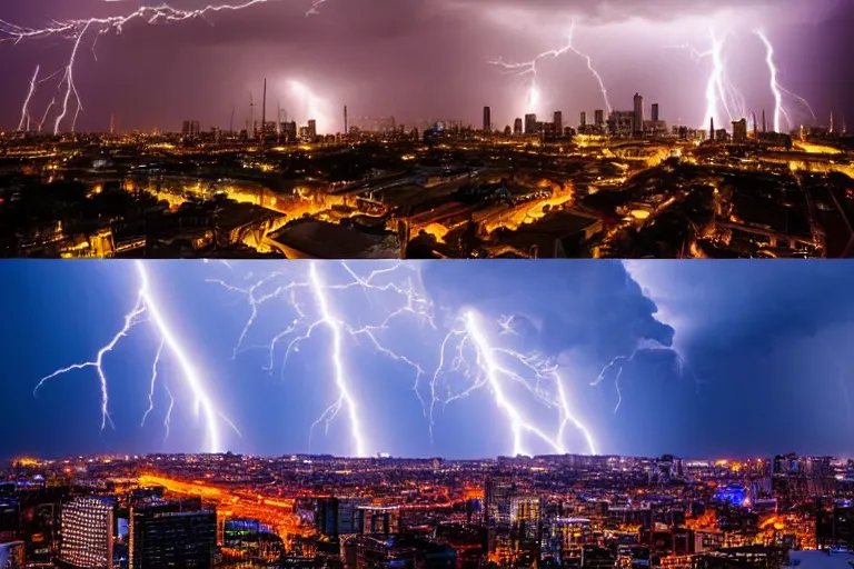 Image similar to a photo of a supercell thunderstorm in a city, cityscape, illuminated from various angles by the setting sun, cinematic, dynamic lightning, lightning bolts, mystic hue clouds