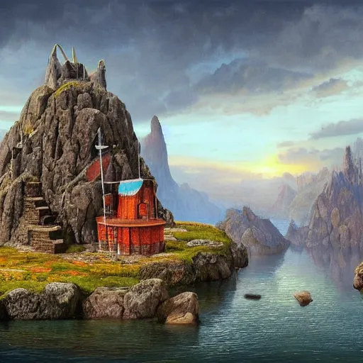 Image similar to a beautiful and highly detailed matte painting of a colorful yet humble viking temple and fort built of large stones in the distance high in the most epic mountains ever, intricate details, epic scale, insanely complex, 8 k, sharp focus, hyperrealism, very realistic, by caspar friedrich, greg rutowski, james gurney, hudson river school