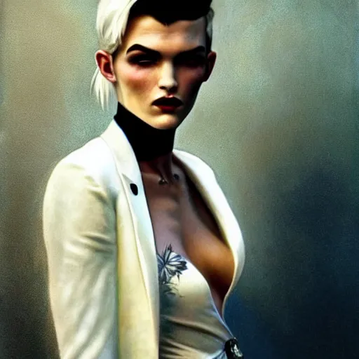 Image similar to beautiful portrait of androgynous ruby rose as desire from sandman in a white tuxedo!!!, rockabilly style,, by alphonse mucha, by jeremy mann, by peter lindbergh, cedric peyravernay, by frank moth, white suit and black tie, soft lightning, high detailed, 8 k