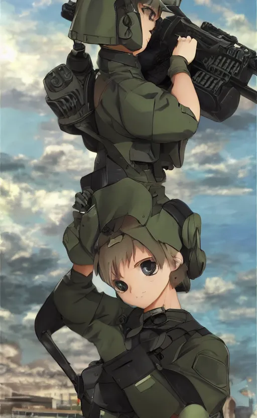 Image similar to girl, trading card front, future soldier clothing, future combat gear, realistic anatomy, concept art, professional, by ufotable anime studio, green screen, volumetric lights, stunning, military camp in the background, metal hard surfaces, focus on doing the face right, strafing attack plane, face of kaga from kancolle