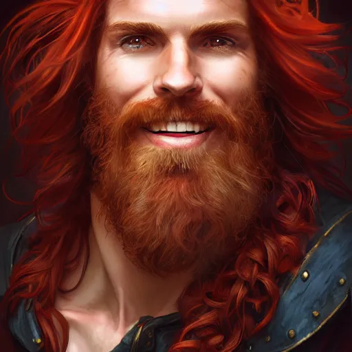 Image similar to portrait of a young ruggedly handsome but joyful pirate, male, masculine, upper body, red crimson hair, long hair, fantasy, giddy smirk, intricate, elegant, highly detailed, digital painting, artstation, concept art, matte, sharp focus, illustration, art by artgerm and greg rutkowski and alphonse mucha