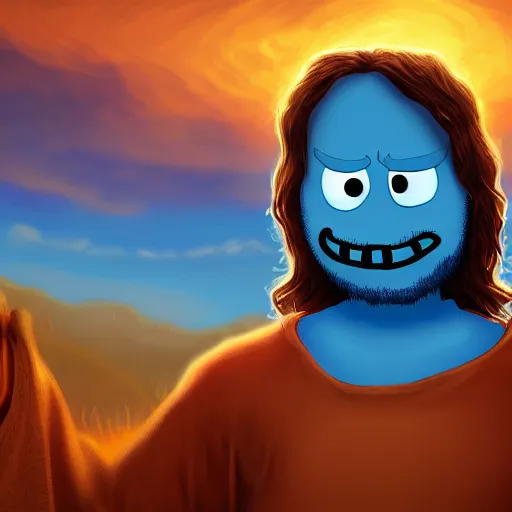 Image similar to portrait of jesus and (photorealistic version of mr meeseeks), golden hour, detailed matte painting, cinematic, in the style of Simon Dewey, artstation,