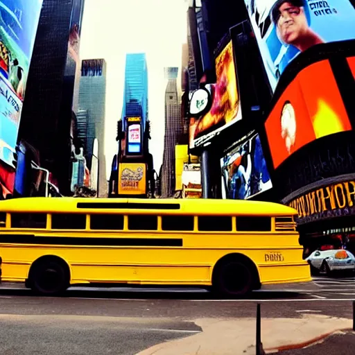 Prompt: yellow school bus being swallowed by giant snake, time square, cinematic, dramatic, film still