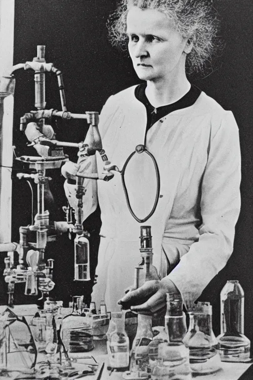 Prompt: marie curie in her lab playing with radioactive matter, children drawing