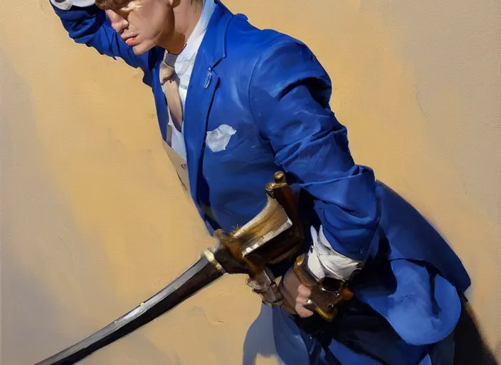 Image similar to greg manchess portrait painting of a blond man in a blue suit with a sword and a pistol, asymmetrical, profile picture, organic painting, sunny day, matte painting, bold shapes, hard edges, street art, trending on artstation, by huang guangjian, gil elvgren, ruan jia, randy vargas, greg rutkowski