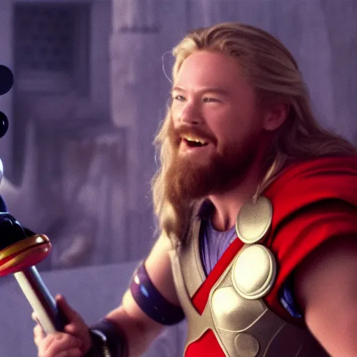 Image similar to Film still of Mickey Mouse as Thor, holding his Mjolnir