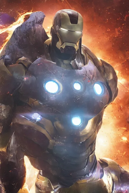 Image similar to thanos in a damaged and broken iron man suit, cinematic, volumetric lighting, f 8 aperture, cinematic eastman 5 3 8 4 film, photorealistic