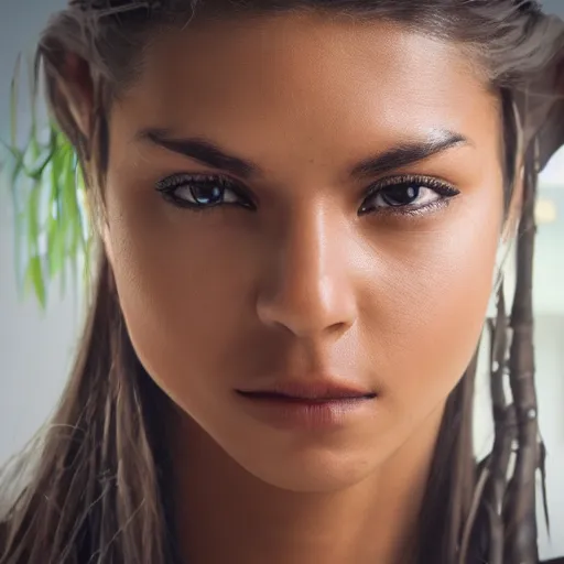 Prompt: amazonian woman, closeup, stoic, realistic, high resolution, in office building