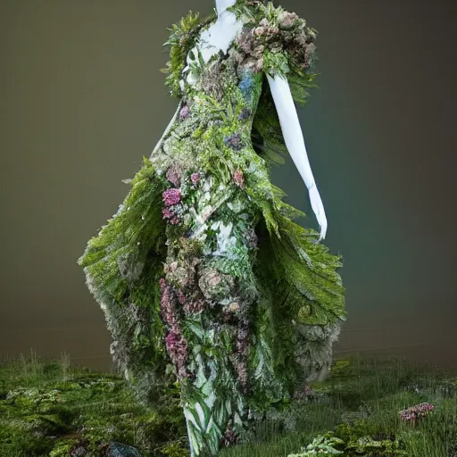 Image similar to a haute couture dress of ferns and flowers and glacial runoff, curvy features, costume design + octane render + hyper realistic + swampy background, vintage