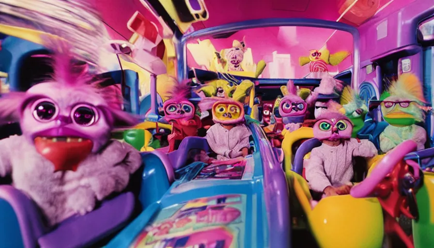 Prompt: 1990s photo of inside the classic Furby ride at Universal Studios in Orlando, Florida, children riding in a Furby vehicle through Furby world, muted colors, cinematic, UHD