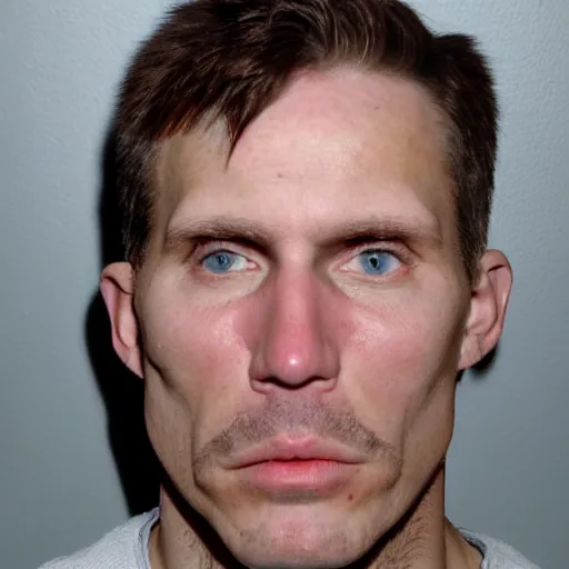Image similar to A mugshot portrait of a middle aged man who looks like Jerma985 with very short wavy hair, and wearing late 1990s menswear in the late 2000s, taken in the late 2000s, grainy, realistic, hyperrealistic, very realistic, highly detailed, very detailed, extremely detailed, detailed, trending on artstation, front facing, front view, headshot and bodyshot, detailed face, very detailed face