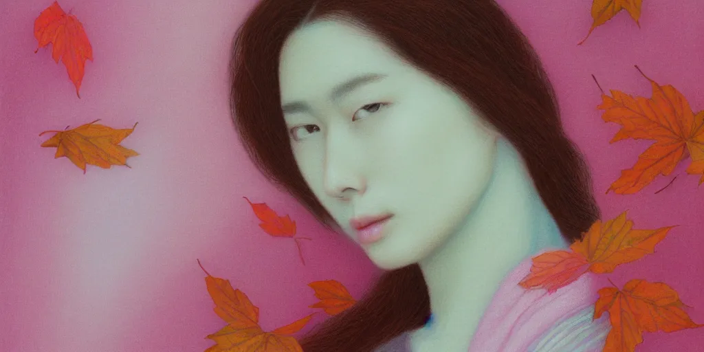 Image similar to detailed pastel colors portrait of a woman made of autumn leaves, by hsiao - ron cheng, fine detail, 8 k