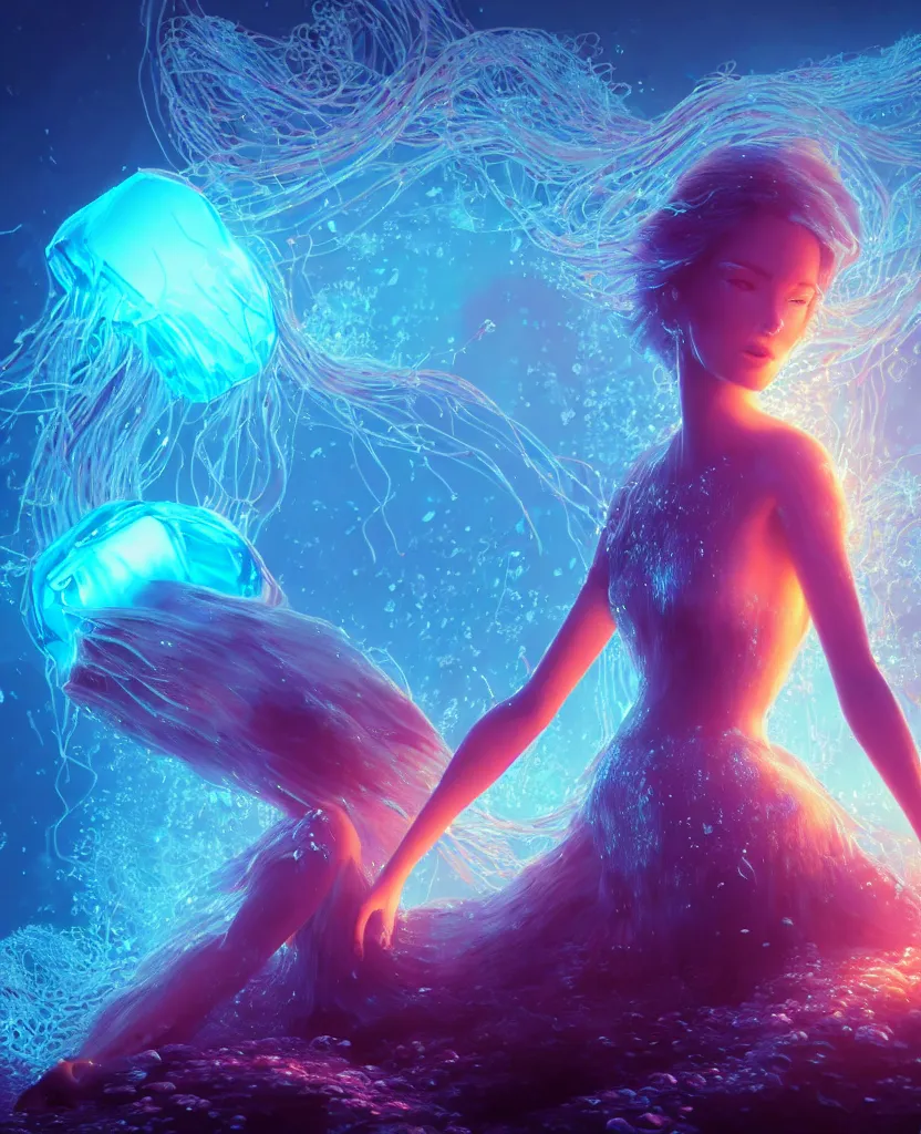 Image similar to close-up portrait of a beautiful princess floating in ethereum surrounded by floating jellyfish, energy flows of fire and water, flashes of plasma, 3d with depth of field, blurred background, a highly detailed epic cinematic concept art CG render. made in Maya, Blender and Photoshop, octane render, excellent composition, cinematic dystopian brutalist atmosphere, dynamic dramatic cinematic lighting, aesthetic, very inspirational, arthouse. y Greg Rutkowski, Ilya Kuvshinov, WLOP, Stanley Artgerm Lau, Ruan Jia and Fenghua Zhong