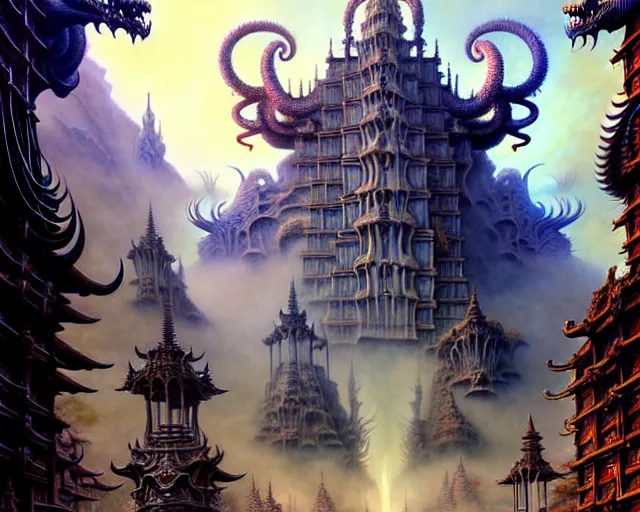 Prompt: street view of a temple made of dragon skulls and bones, fantasy landscape made of fractals facing each other, ultra realistic, wide angle, intricate details, the fifth element artifacts, highly detailed by peter mohrbacher, hajime sorayama, wayne barlowe, boris vallejo, aaron horkey, gaston bussiere, craig mullins