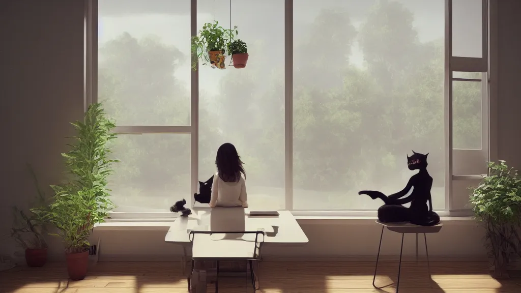 Image similar to peaceful dreamy painting of a young woman sitting at a desk with a black cat, sunshine coming through the window, small plants on the window sill, 8k, hyper realism, trending on artstation, octane render, dynamic lighting