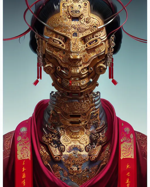 Image similar to portrait of a chinese cyberpunk machine, machine face, arms, upper half portrait, decorated with chinese opera motifs, regal, asian, fine china, wuxia, traditional chinese art intricate intense elegant 京 剧 highly detailed digital painting artstation concept art smooth sharp focus illustration, art by artgerm and greg rutkowski alphonse mucha 8 k