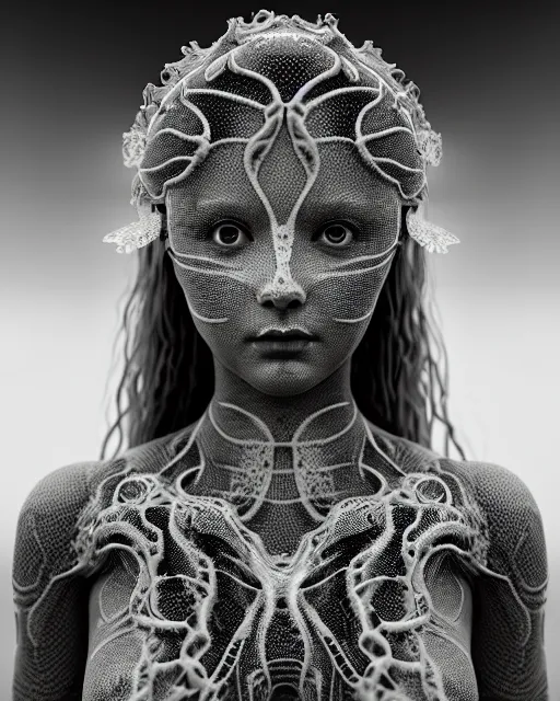 Image similar to surreal mythical dreamy artistic black and white fine art photo of a beautiful young female medusa - cyborg covered with fish scales and algae, highly detailed, intricate crystal ivy jelly fish scales ornate, poetic, octane render, 8 k, photo - realistic
