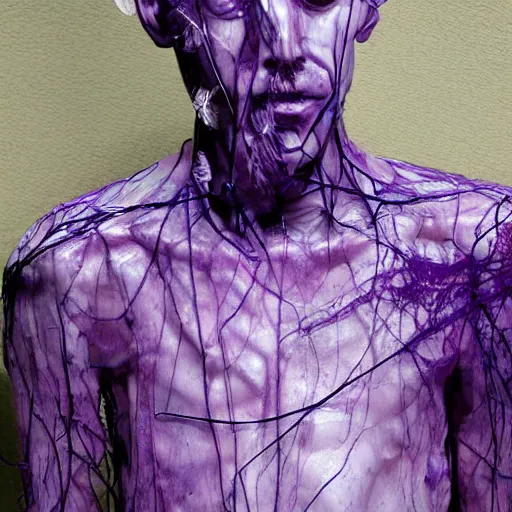 Prompt: an abstract sculpture by david altmejd in purple wax floating in jean prouve design