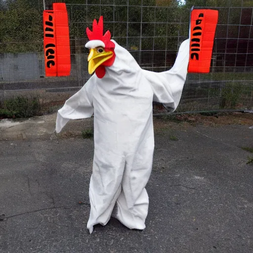 Image similar to chicken wearing as an inmate