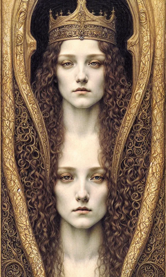 Image similar to detailed realistic beautiful young medieval queen face portrait by jean delville, gustave dore and marco mazzoni, art nouveau, symbolist, visionary, gothic, pre - raphaelite. horizontal symmetry