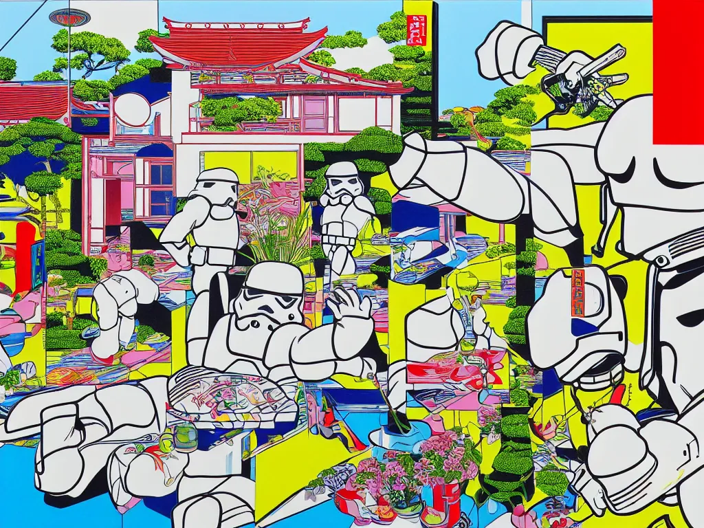 Image similar to hyperrealistic composition of the japanese home with a garden, stormtrooper in hot springs, pop - art style, jacky tsai style, andy warhol style, roy lichtenstein style, pastel palette, acrylic on canvas